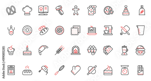 Red black thin line icons set sweet food collection with kitchen equipment to cook dessert and bake bread, sugar pictogram menu for restaurant cafe. Bakery, confectionery vector illustration