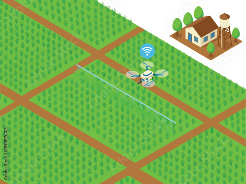 Isometric smart agriculture vector illustration showing a drone spraying crops, representing modern farming technology and sustainable practices in rural settings