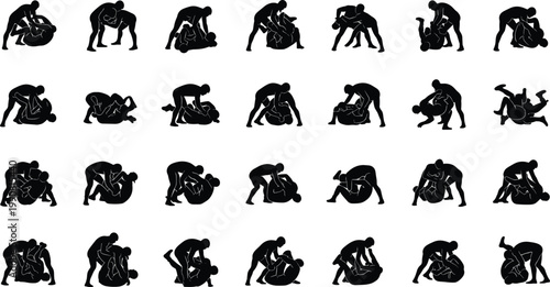 Silhouette Icons of Wrestling and Grappling Poses for Sports, Martial Arts, and Fitness-Themed Designs