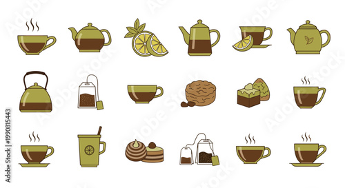 Comprehensive set of tea and pastry icons including teapots cups tea bags lemons cakes cookies and biscuits for coffee break or cafe menu.