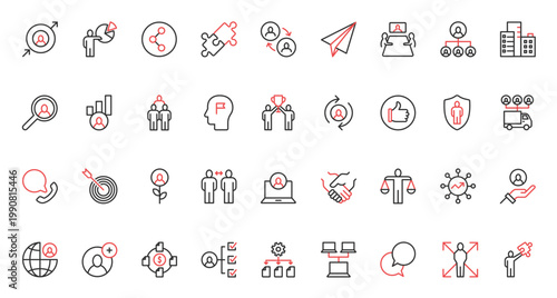 Red black thin line icons set for business cooperation, human resource development, problem solving, company risk insurance, team building and management, leadership assistance vector illustration.