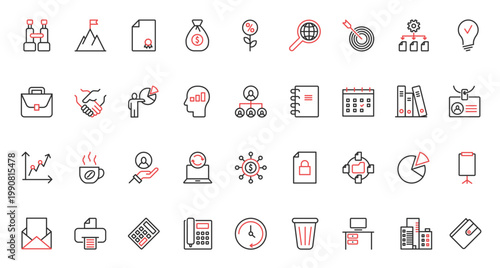 Red black thin line icons set for business vision, success company mission, office innovation in statistics system and target marketing, time management and finance projects vector illustration.