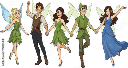 Magical fairy and elf character vector set featuring group of whimsical woodland spirits with wings, green leaf outfits, blue dresses, and fantasy costumes for storytelling designs