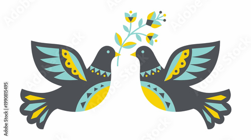 Decorative illustration of two stylized grey doves holding a sprig of blue and yellow flowers in their beaks, symbolizing peace and harmony in a folk art style