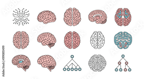 Technical collection of brain diagrams networks and maze illustrations representing neuroscience psychology artificial intelligence and logic.