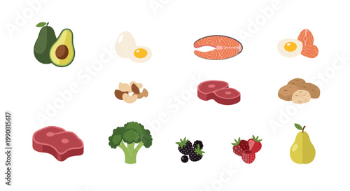 Assortment of fresh and healthy food ingredients including avocado salmon steak broccoli eggs berries and pear for a balanced nutritious diet.