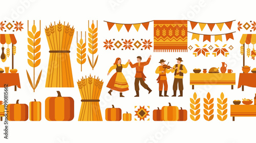 Harvest festival illustration featuring Ukrainian folk dancers, musicians, pumpkins, and wheat stalks, set against a backdrop of decorative bunting and market stalls