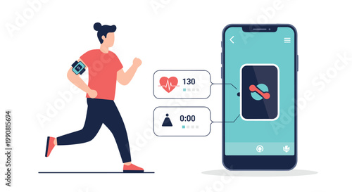 Woman running while tracking her workout progress on a mobile phone app with a heart rate monitor and exercise data display interface.