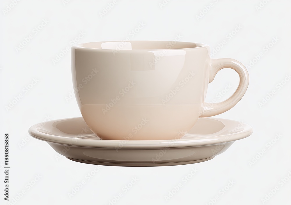 Fototapeta premium Creamy ceramic cup and saucer sit on a white backdrop, simple and clean