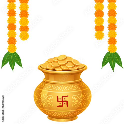 Indian festival background with Golden kalash of coins, swastika sign and marigold toran for diwali, dhanteras and akshaya tritiya 