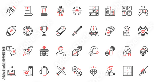 Game technology for computer and mobile phone trendy red black thin line icons set vector illustration. Virtual reality, arcade sport, education, strategy desktop video game to play