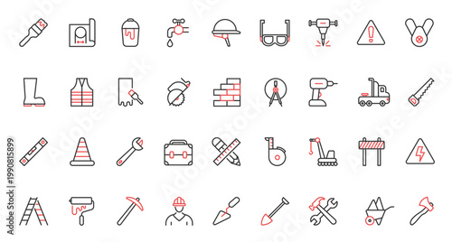 Building construction and repair trendy red black thin line equipment and tools icons set. Builder in helmet, protection boots, roulette level, crane, electricity brickwork symbols vector illustration