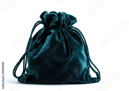 A plush, teal drawstring bag with a gathered top, on a white background
