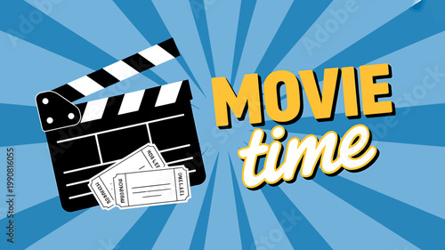 Movie time concept with clapper board and tickets on blue background