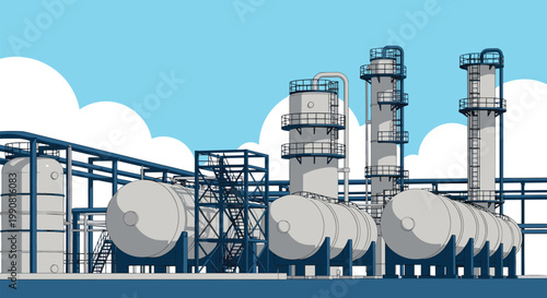 Large industrial complex featuring oil refinery tanks towers and piping systems under a blue sky with white clouds for energy industry themes.