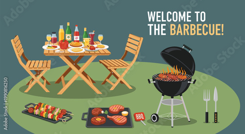 Outdoor barbecue party scene featuring grilled meats vegetables on a grill a dining table with drinks and food and essential bbq utensils.