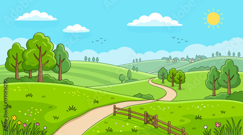 A serene landscape of green hills and trees with a winding path under a sunny sky with clouds.