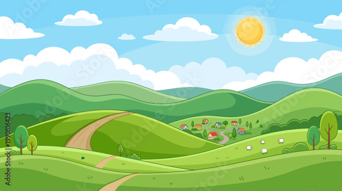 Sunshine falls on rolling green hills with trees and a road on a sunny day in a natural landscape scene