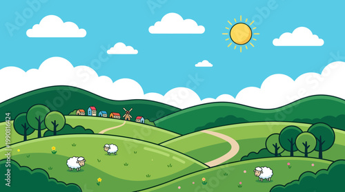 Sheep graze peacefully on rolling green hills with trees and a winding road under a sunny sky.
