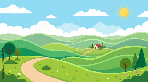 A serene landscape of rolling green hills with a winding road and a house under a sunny sky with clouds.