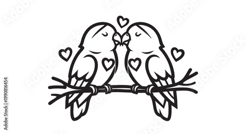 Romantic Bird Couples, Love Birds, Heart Icons, Vector Illustrations, Valentine's Day Symbols
