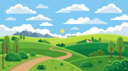 A serene landscape with a winding road through green hills and trees under a sunny sky with clouds.
