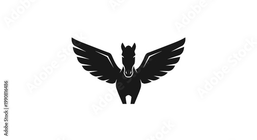 Pegasus Silhouette, Mythical Winged Horse Logo, Black Icon on White Background
