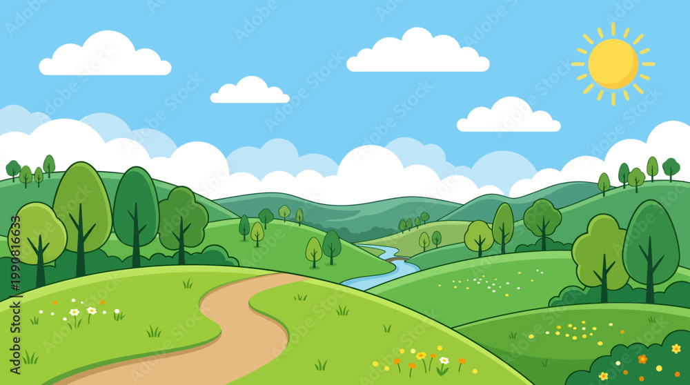 Fototapeta premium Sunny day with a winding road through rolling hills and trees