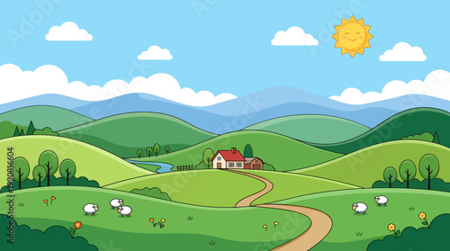 Sheep graze peacefully on a sunny hillside with a house and winding road in a serene natural landscape.