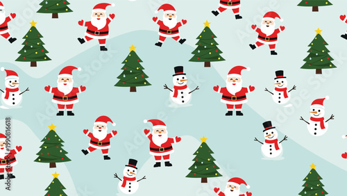 Cheerful seamless pattern depicting happy Santa Clauses, jovial snowmen, and festive Christmas trees against a light blue winter landscape, celebrating the holidays.