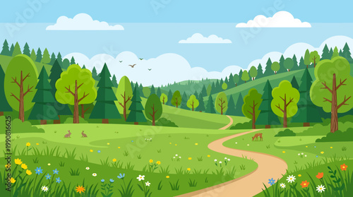 The sun shines brightly on a serene landscape with trees, mountains, and a winding road through green fields and forests.