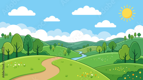 Sunny day with a winding road through rolling hills and trees