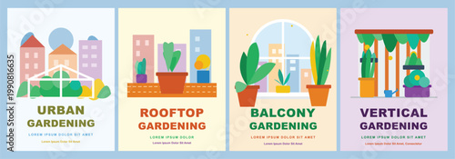 Urban, Rooftop, Balcony and Vertical Gardening Vector Illustration Poster Template Set