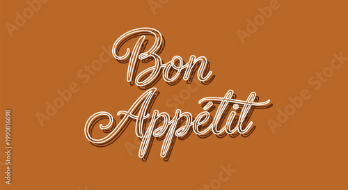 Stylized text reading Bon App tit in an elegant cursive font set against a warm brown background for restaurant and culinary themed designs.