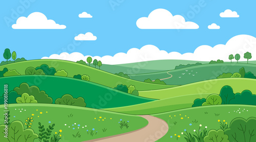 A serene landscape of rolling hills and lush greenery under a blue sky with fluffy clouds and a winding dirt road.