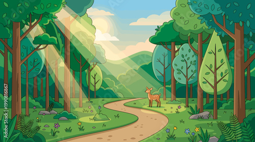 A serene forest scene with deer on a winding path amidst trees and flowers in a natural landscape.