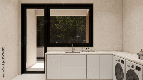 Modern Neutral Laundry Room Interior with Stone Countertops and Appliances