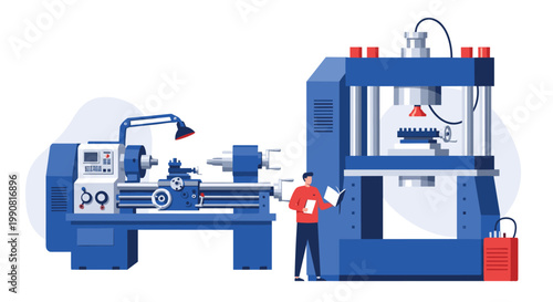 Industrial manufacturing scene featuring a large blue hydraulic press machine and a lathe with a worker reading an instruction manual or plan.