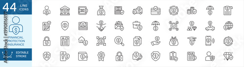 Financial protection, insurance icon set. Containing icon symbol : finance, life insurance, financial, security, asset, savings, guarantee, wealth, money, cash, investment, shield, guard, safety.