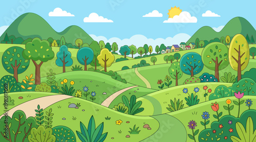 A serene landscape of rolling hills and trees under a sunny sky with fluffy clouds on a beautiful day.