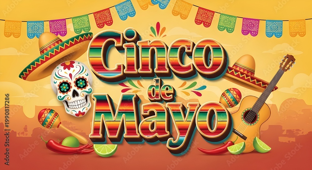 Fototapeta premium Festive Cinco de Mayo banner featuring a decorated sugar skull, sombreros, guitar, maracas and colorful papal picador for a lively Mexican celebration, party promotion, or cultural event design