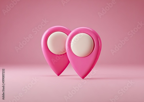 Two 3D pink location markers on a solid pink background
