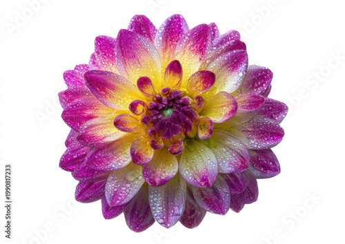 Vivid pink and yellow flower with dew drops against a white background