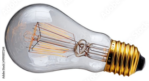 Classic incandescent bulb with glowing filament, on gold base, isolated