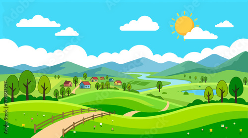 A serene landscape scene of a sunny countryside with rolling hills trees and a winding road