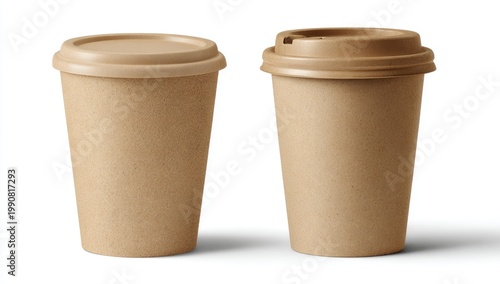 Two plain brown paper coffee cups with lids, one sealed, one open