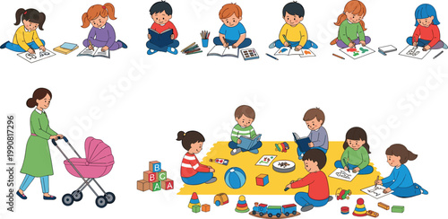 Children learning and playing activities set with drawing reading toys and baby stroller parenting education vector illustration collection
