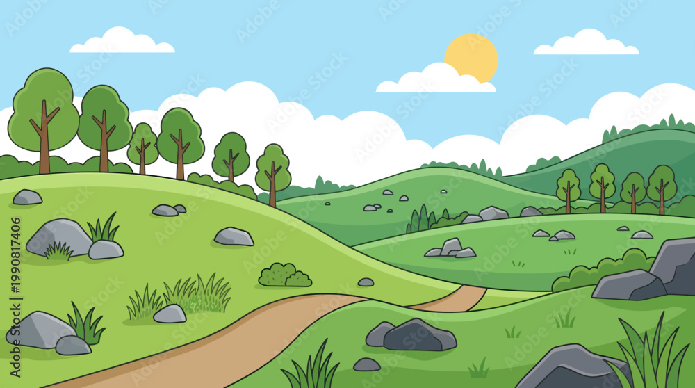 Obraz premium A serene landscape with trees and rocks on green hills under a sunny sky with a dirt path.