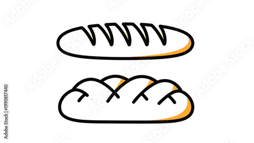 Delicious illustration of two loaves of bread, a baguette and a rustic loaf, rendered in a simple line art style with subtle golden-brown color accents.