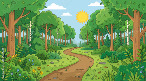 A charming winding path meanders through a vibrant, lush green forest on a bright, sunny day, inviting exploration and peaceful strolls